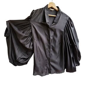 Gold Hawk 100% Silk Voluminous Sleeve Button-Down Blouse Black L
